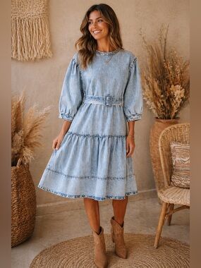 Front Row by Sara & Goldy Boho Denim Belted Midi Dress – Tiered | Puff Sleeve